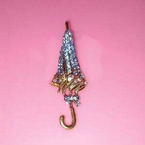 Gold and Blue Rhinestone Umbrella Brooch